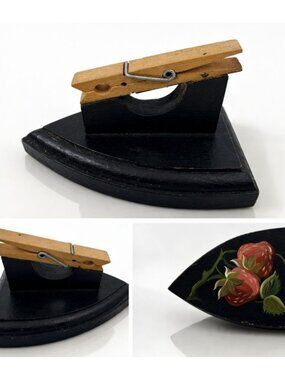 Vintage Wooden Note Holder Clothespin Desk Stand Hand Painted Strawberry